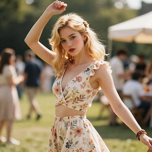 Blonde Woman in Floral Outfit at Garden Party