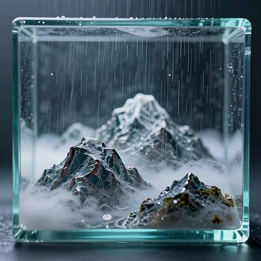 Photograph of a glass aquarium with illuminated, rain-like LED lines, showcasing jagged, snow-covered mountain rocks surrounded by mist.