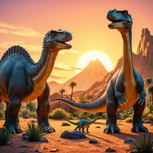 Disney-style Cartoon Dinosaurs at Sunset Disney-style Cartoon Dinosaurs at Sunset