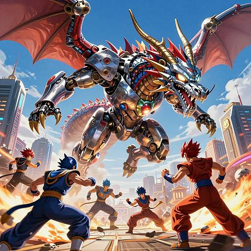 Mechanical Dragon Battle Over Metropolis