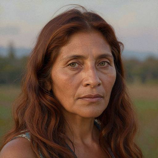 Photograph of a middle-aged woman with long, wavy brown hair, tan skin, and green eyes, standing outdoors with a blurred green field and