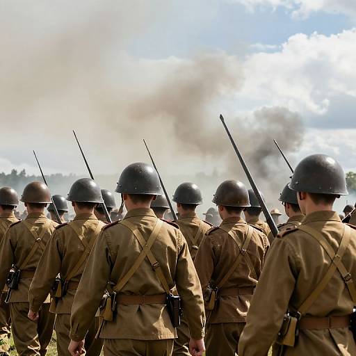Photograph of a World War II-style military formation, featuring soldiers in brown uniforms and black helmets, with rifles and smoke in the background.