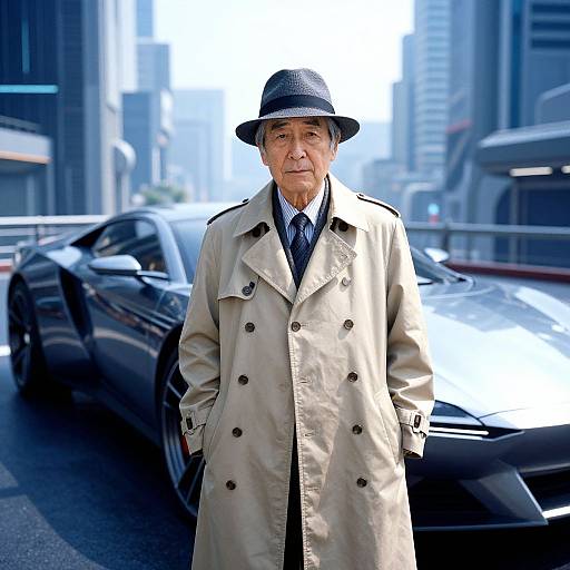 Elderly Japanese Man in Cyberpunk City