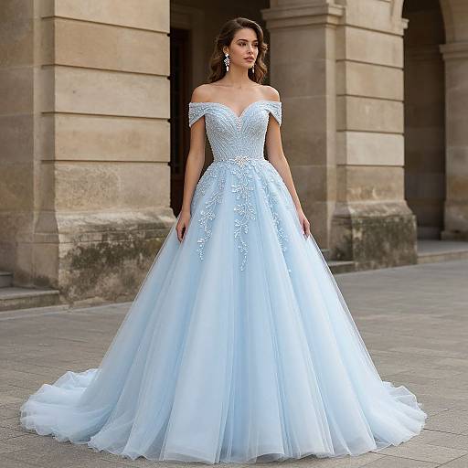 Photograph of a woman in an off-the-shoulder, white, lace-embellished, ball-gown wedding dress with a long train