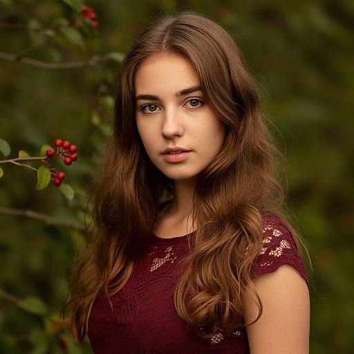 Photograph of a young woman with long, wavy brown hair, wearing a maroon lace top, standing against a green, leafy background with