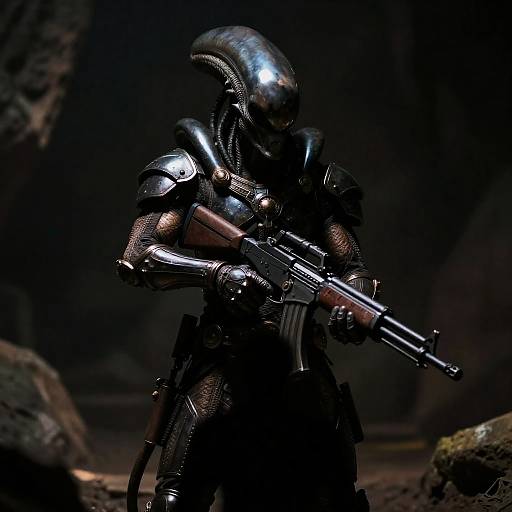 Mysterious Alien Warrior in Dark Cave