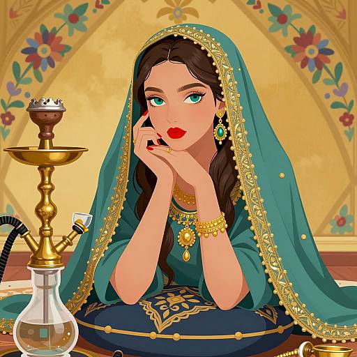 Elegant Woman with Gold-Embroidered Veil and Hookahs