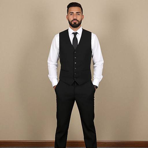 Photograph of a bearded man with short dark hair, wearing a white shirt, black vest, and tie, standing against a plain beige wall with