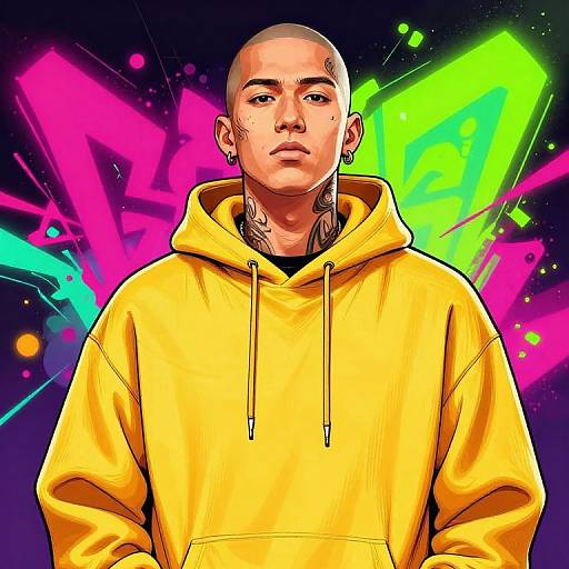 Digital illustration of a bald, tattooed man in a bright yellow hoodie, standing against a neon pink, green, and blue abstract background.
