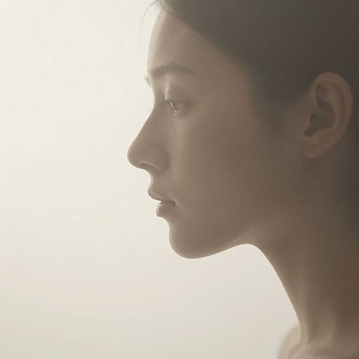 Photograph of an East Asian woman in profile, facing left, with soft light illuminating her delicate features and dark hair.