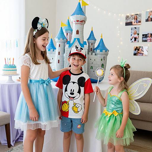 Photograph of three children in a bright room: girl in blue dress, boy in Mickey shirt, girl in green fairy dress, with castle backdrop and