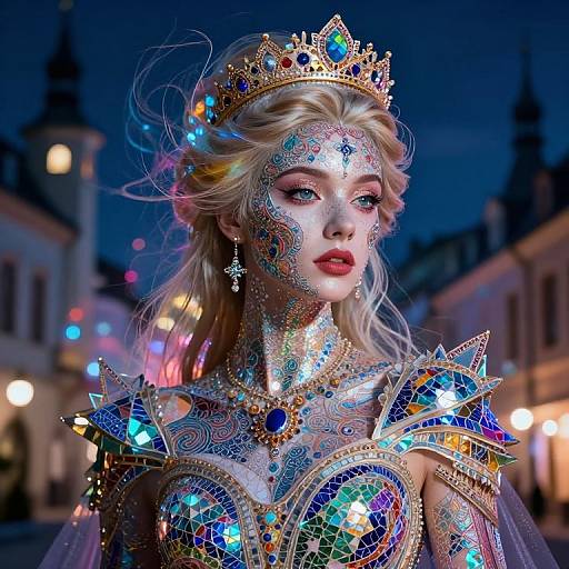 Digital art of a regal, fair-skinned woman with blonde hair, wearing an ornate, colorful, gem-encrusted crown and armor