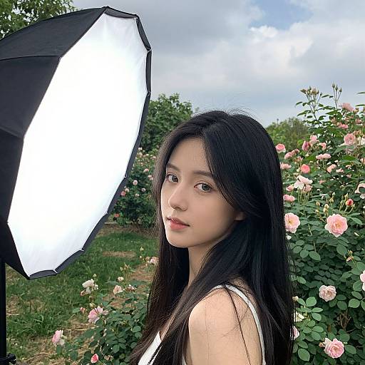 Photograph of an Asian woman with long black hair, wearing a white sleeveless top, standing in a rose garden with a large white studio light in