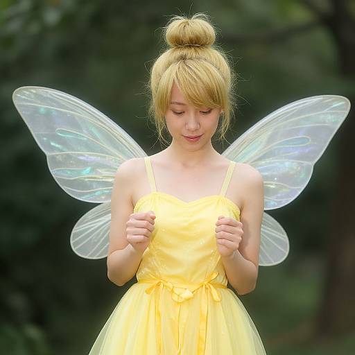 Photograph of a young blonde girl with a bun, wearing a yellow dress and translucent fairy wings, standing in a forest.