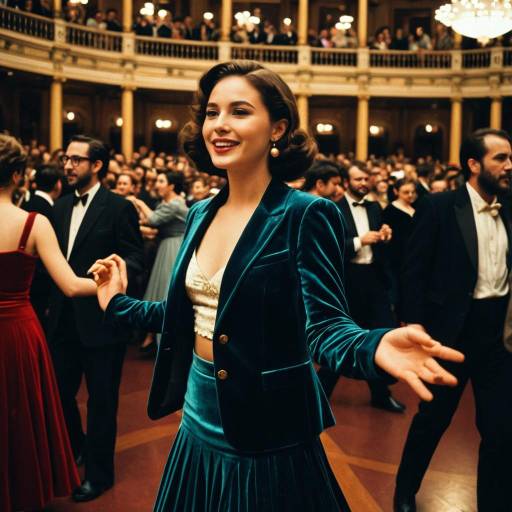 Young Woman Dancing in Vintage Velvet Outfit at Opera House Party