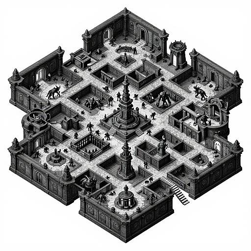 Isometric black-and-white digital drawing of a detailed, bustling medieval castle with multiple towers, statues, and tiny human figures navigating its intricate courtyard and hall