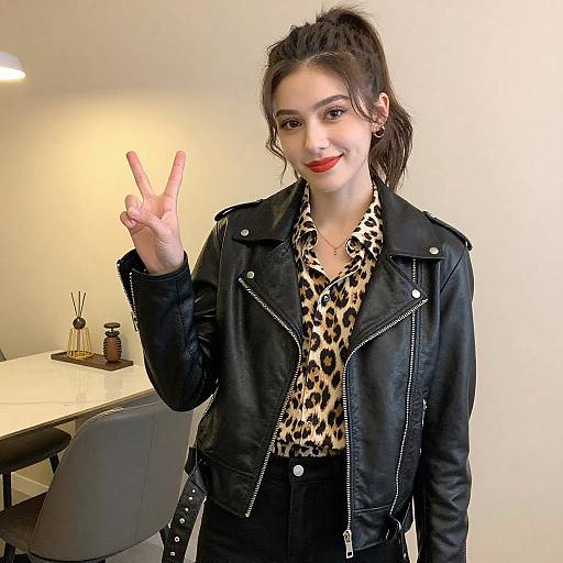 Young Woman in Leather Jacket Peace Sign