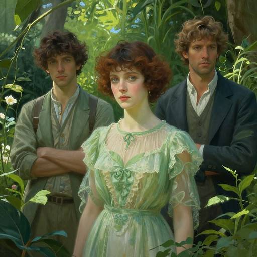 Digital painting of a young woman with curly red hair in a green, translucent dress, flanked by two curly-haired men in 19th-century attire