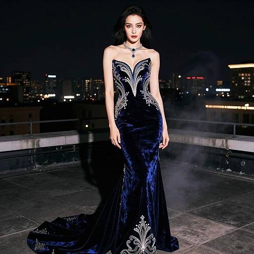 Midnight-Blue Velvet Rooftop Fashion Empress