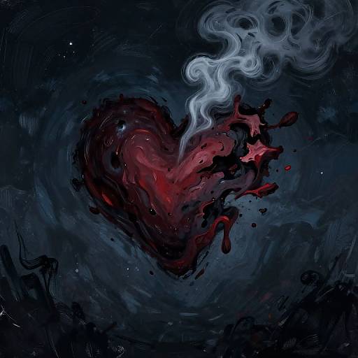 Digital painting of a heart with red blood splatters and white smoke rising, set against a dark, swirling blue background.