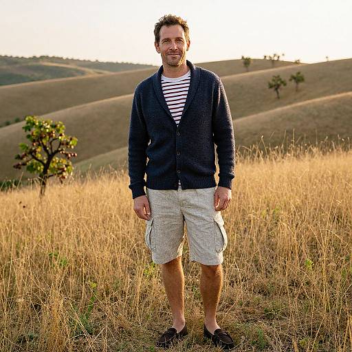 Photograph of a man standing in a sunlit, grassy hillside, wearing a navy cardigan, striped shirt, white shorts, and black