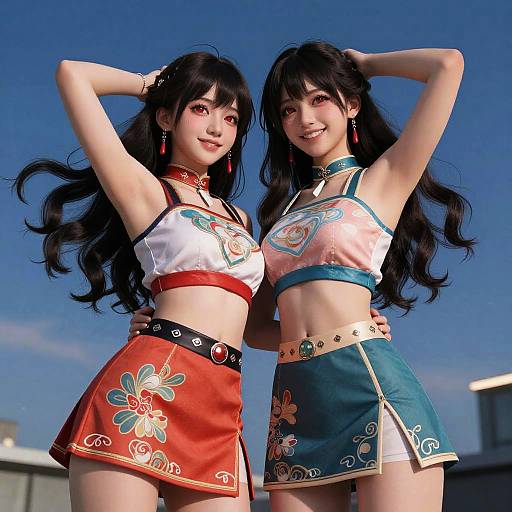 Photograph of two Asian women with long black hair, wearing colorful, floral-patterned crop tops and skirts, standing against a clear blue sky, smiling