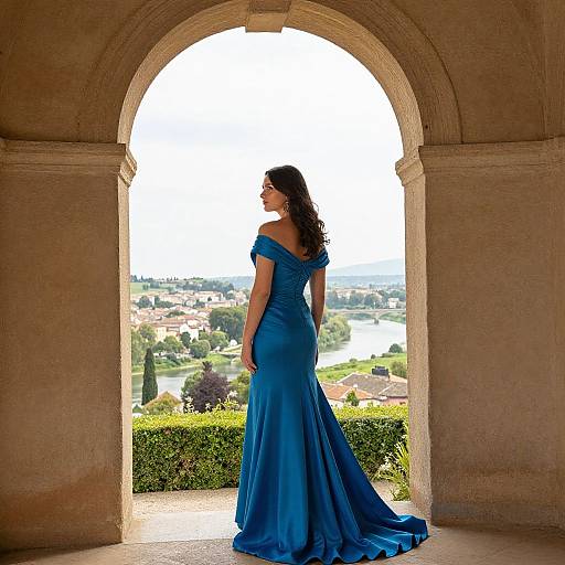 Photograph of a woman in a vibrant blue off-shoulder gown, standing in an arched stone window, overlooking a sunny, green countryside.