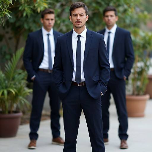 Photograph of three men in black suits, white shirts, and black ties standing outdoors with potted plants in the background. Central figure stands front and