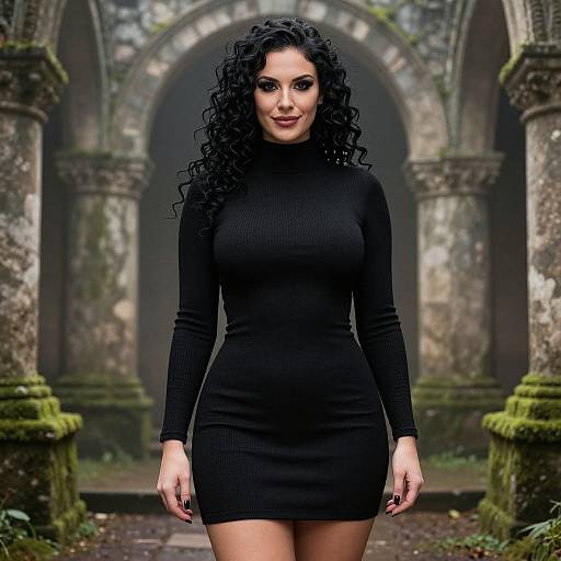 Photograph of a curvy woman with long, curly black hair, wearing a tight black turtleneck dress, standing in an ancient, moss-covered