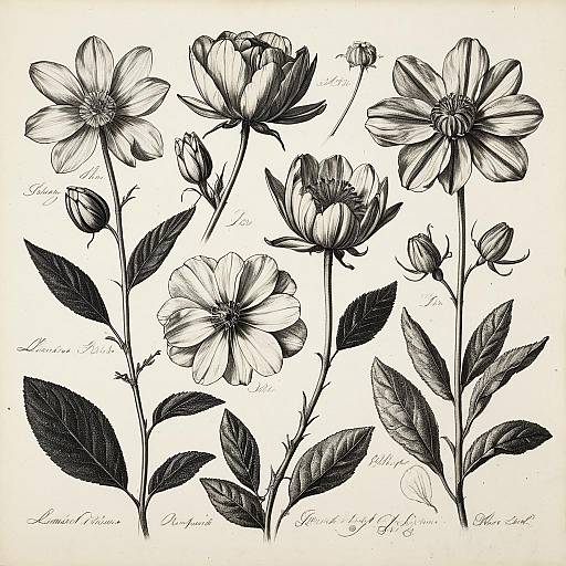Classical Botanical Pencil Sketch of Flowers