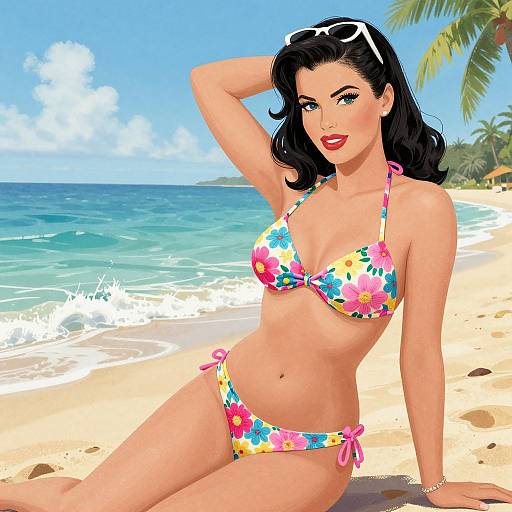 Digital illustration of a curvy woman with fair skin, black hair, red lipstick, wearing a colorful floral bikini, sitting on a sunny beach with palm