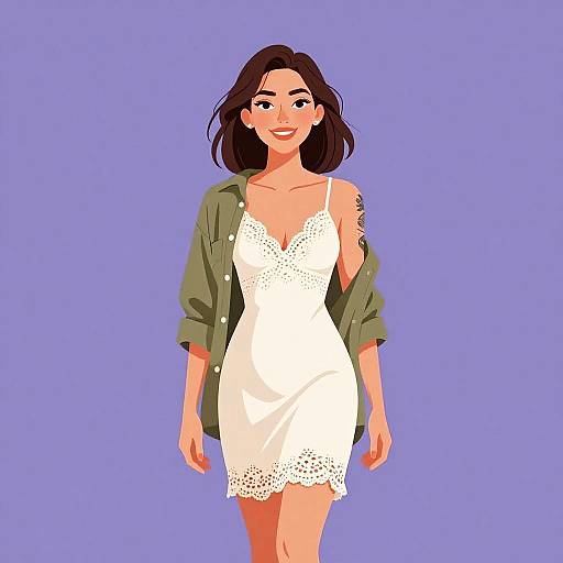 Digital illustration of a smiling woman with medium skin tone, brown hair, wearing a white lace dress and olive green jacket, against a solid purple background.