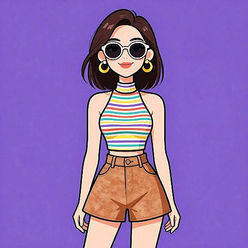 Digital illustration of a stylish woman with short brown hair, wearing striped crop top, orange high-waist shorts, gold hoop earrings, and round sunglasses