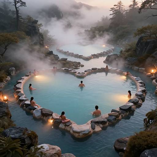 Photograph of a heart-shaped hot spring at dusk, surrounded by rocks and lit by torches, with mist rising and people bathing.