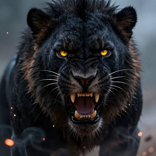 Photorealistic digital art of a fierce black panther with glowing yellow eyes and sharp teeth, roaring forward, surrounded by blurred, warm light spots.