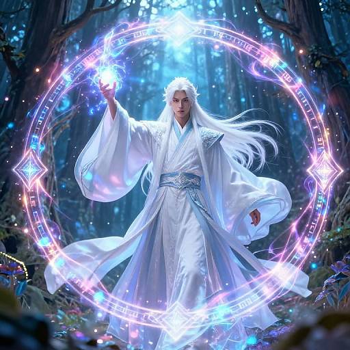 Digital art of a white-haired, white-robed magician casting a glowing magic circle in a dark, enchanted forest. Ethereal blue and purple lights surround