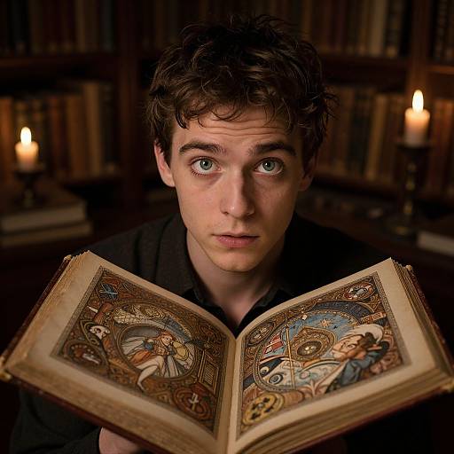 Young man with curly brown hair and blue eyes, holding an intricately illustrated, open medieval-style book, in a dimly lit library with candles.