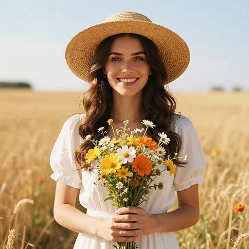 Photograph of a smiling woman with wavy dark hair, wearing a white dress and straw hat, holding a bouquet of yellow and white daisies