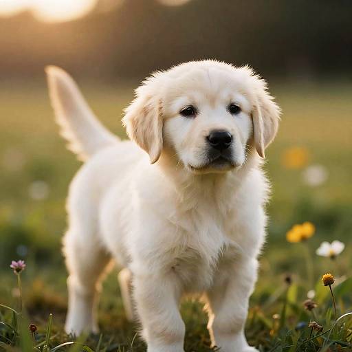 Golden Retriever Puppy in Sunlit Meadow