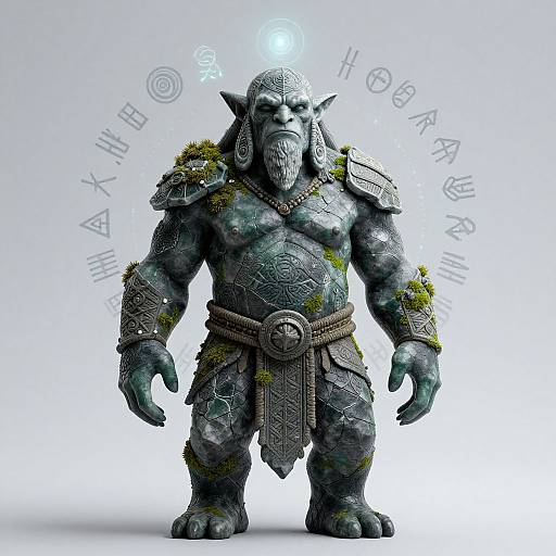 Photorealistic digital sculpture of a muscular, green-skinned orc with a long beard, glowing blue forehead, armored with mossy shoulder plates, and