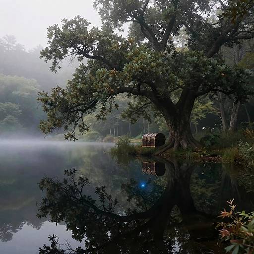 Photograph of a misty, reflective lake with a large, sprawling tree in the foreground, featuring a small, rustic barrel at its base. Dense