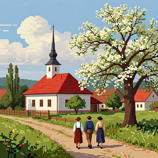 Pixel art of three people walking on a path to a red-roofed church with a black steeple, surrounded by blooming trees and green