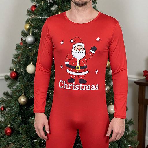 Photograph of a man wearing a red Christmas onesie with a Santa graphic and 