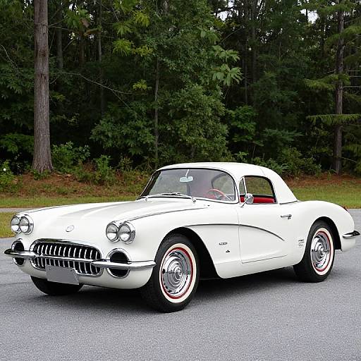 Photograph of a classic white 1950s vintage car with chrome accents and red-tinted wheels, parked on a gray asphalt road, surrounded
