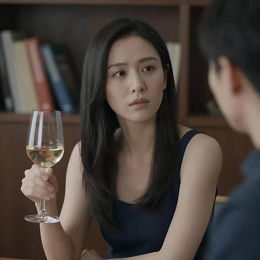 Elegant Woman with Wine Against Bookshelf