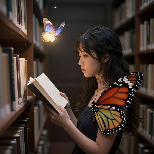 Photograph-style digital artwork of a young woman with butterfly wings, reading a book in a dimly lit library, with a glowing blue and orange butterfly