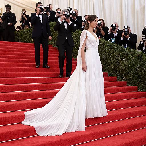 Photograph of a woman in a white, pleated, floor-length gown with a trailing train, standing on a red carpeted staircase, surrounded by
