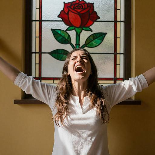 Woman Screaming with Arms Outstretched in Front of Stained Glass Window