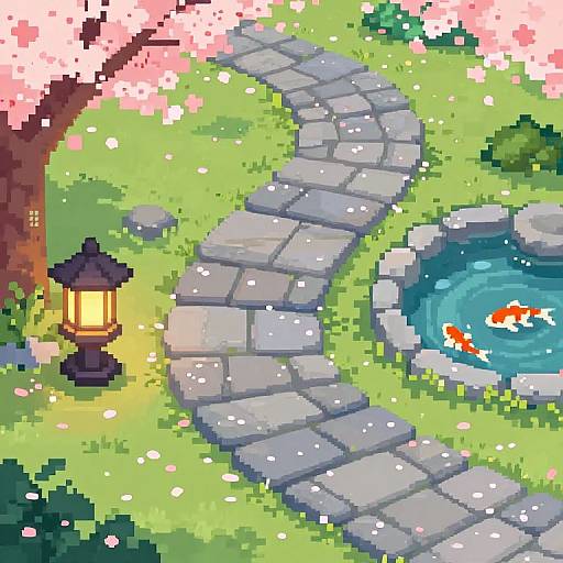 Pixel art of a serene Japanese garden with a winding stone path, cherry blossom tree, lantern, and koi pond with orange fish.