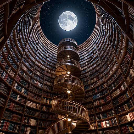 Photograph of a circular library with spiral staircase, illuminated by a full moon through a central circular sky opening.